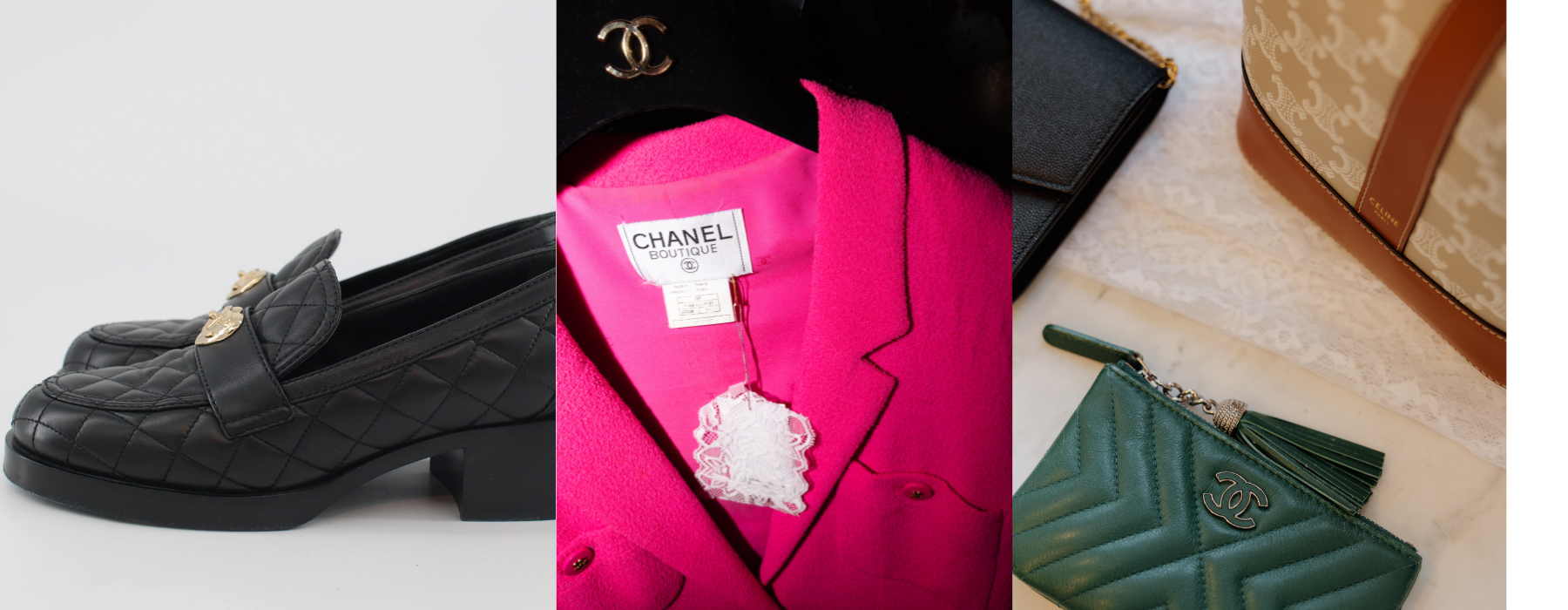 Three photo collage of clothes on a rack, Gucci handbag with a gold chain, and black Chanel heels.