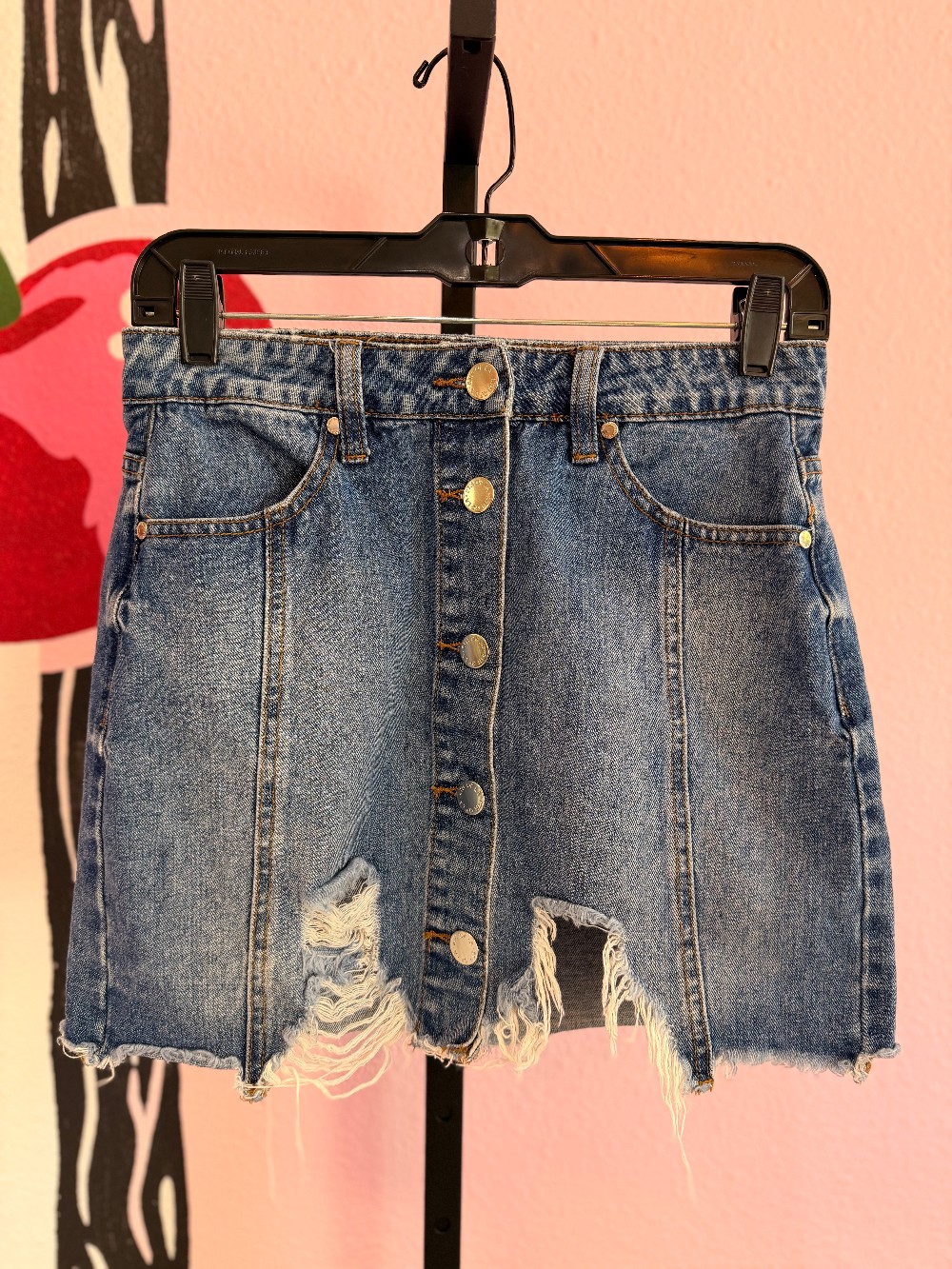8th of LA Distressed Button Front Denim Skirt