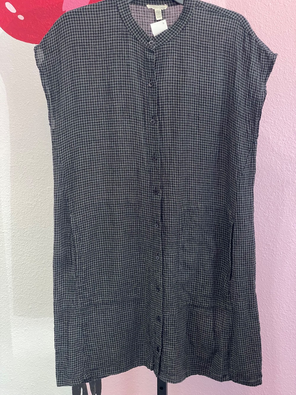 Eileen Fisher Gingham Linen Button Down Dress