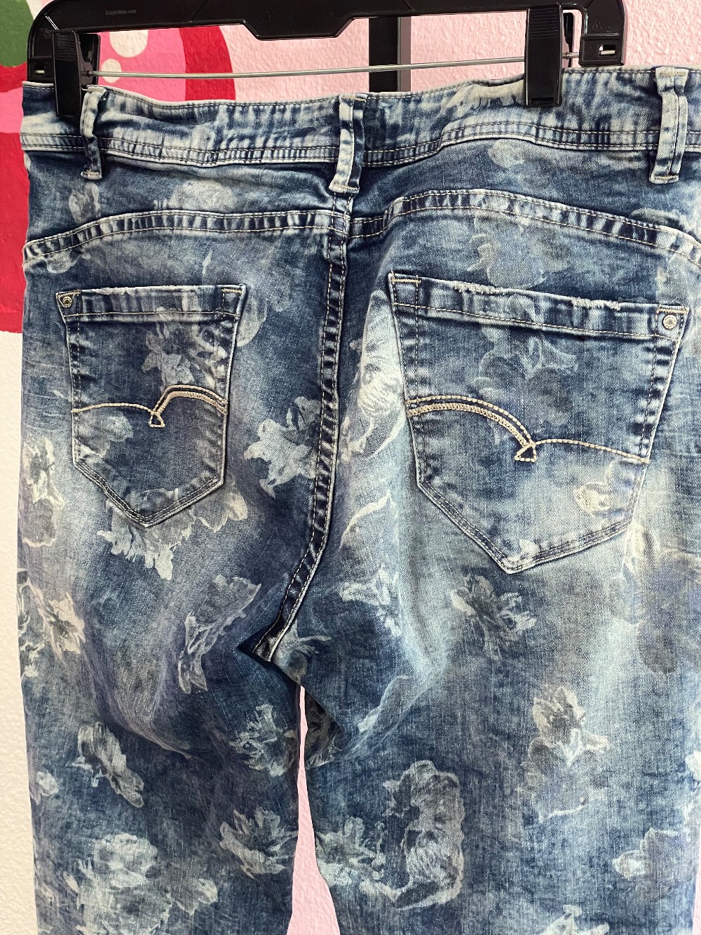 Red Button Floral Button Fly Jeans