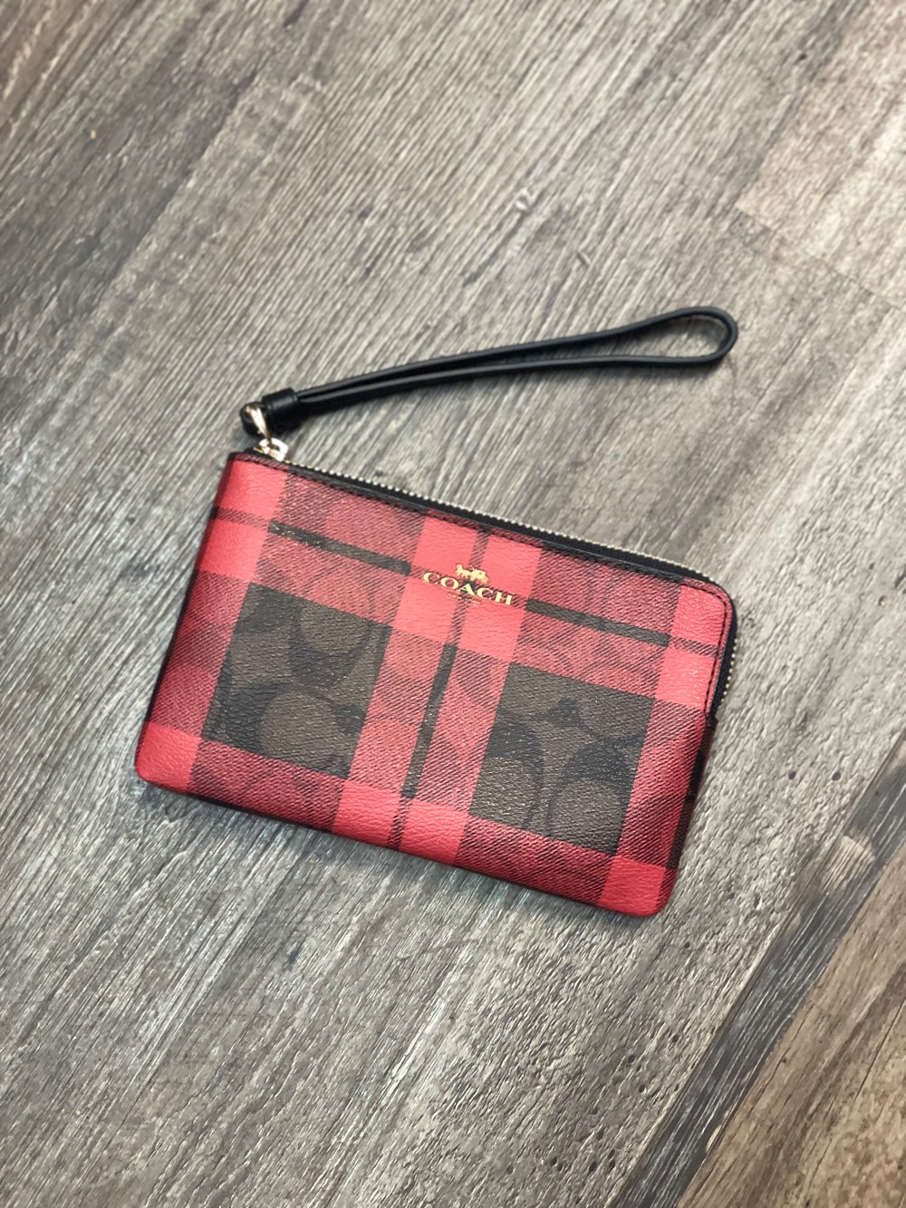 Coach Field Plaid Corner Zip Wristlet