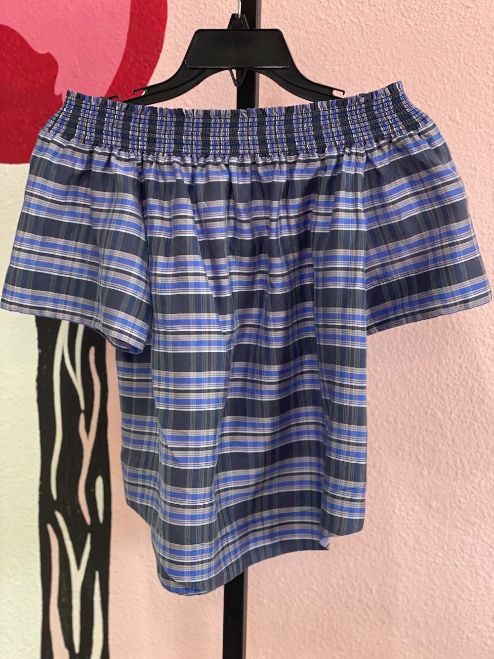 J Crew Plaid Silk Off Shoulder Blouse