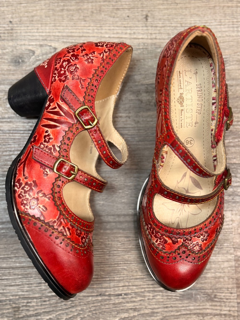 L'artiste Tooled Leather Double Strap Maryjane Shoes