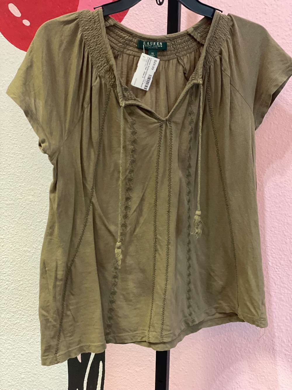 Lauren Embroidered Tie Neck Peasant Tee
