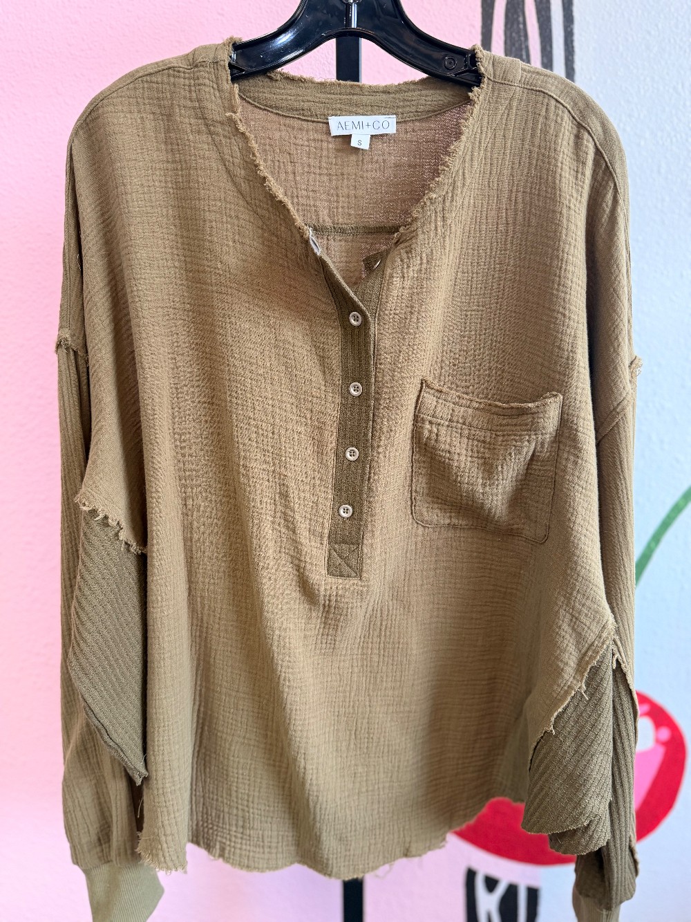Aemi + Co Gauzy Waffle Cotton Henley Top