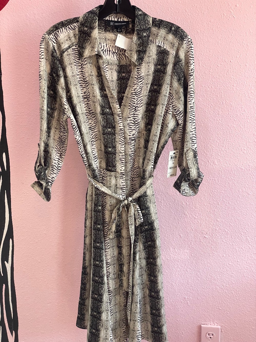 INC Snakeskin Collared Tie Waist Shirt Dress