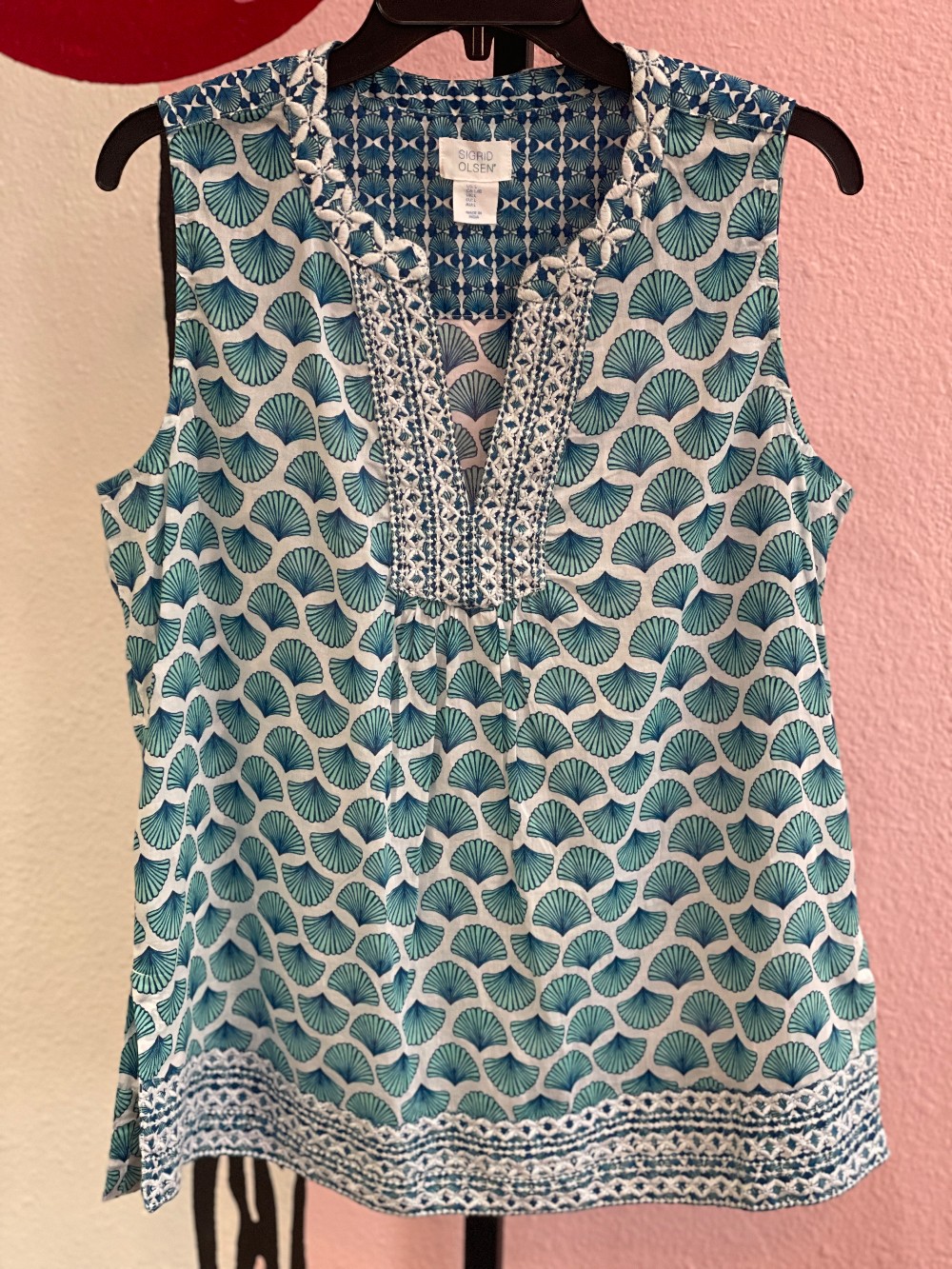 Sigrid Olsen 100% Cotton Blockprint Peasant Blouse