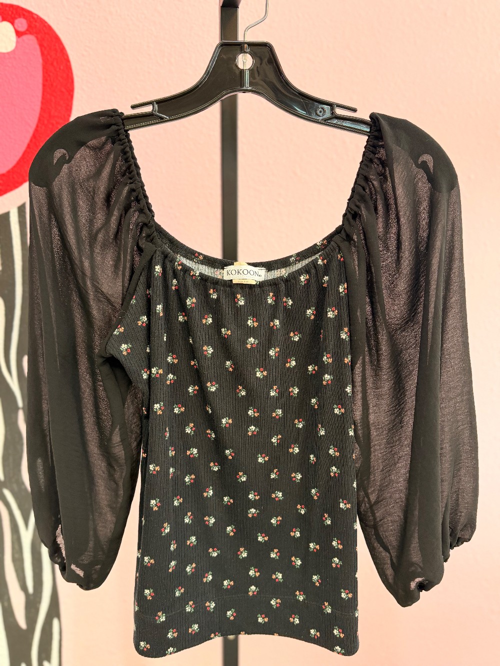 Kokoon Ribbed Floral Sheer Sleeve Top