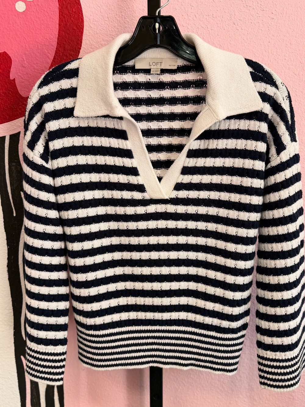 LOFT Stripe Vneck Collared Sweater