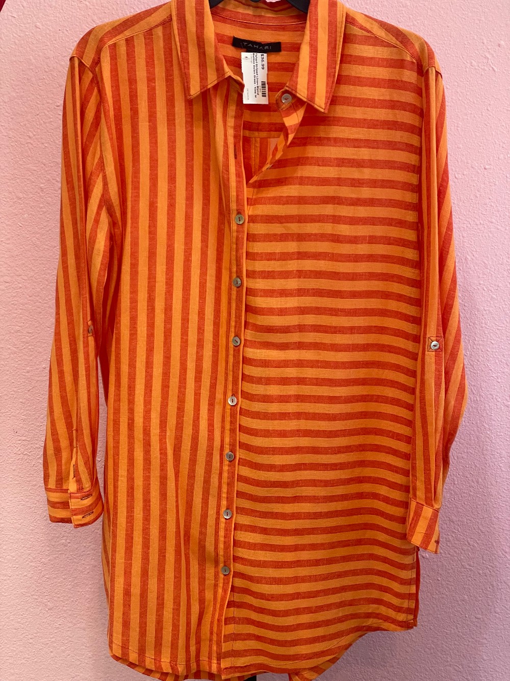 Tahari Striped Linen Blend Button Down Dress