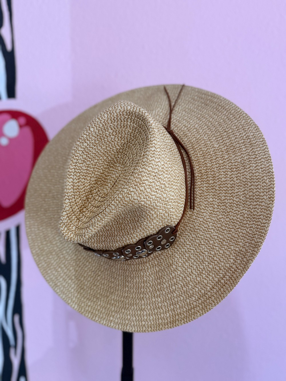 Steve Madden Straw Heart Leather Detail Sunhat