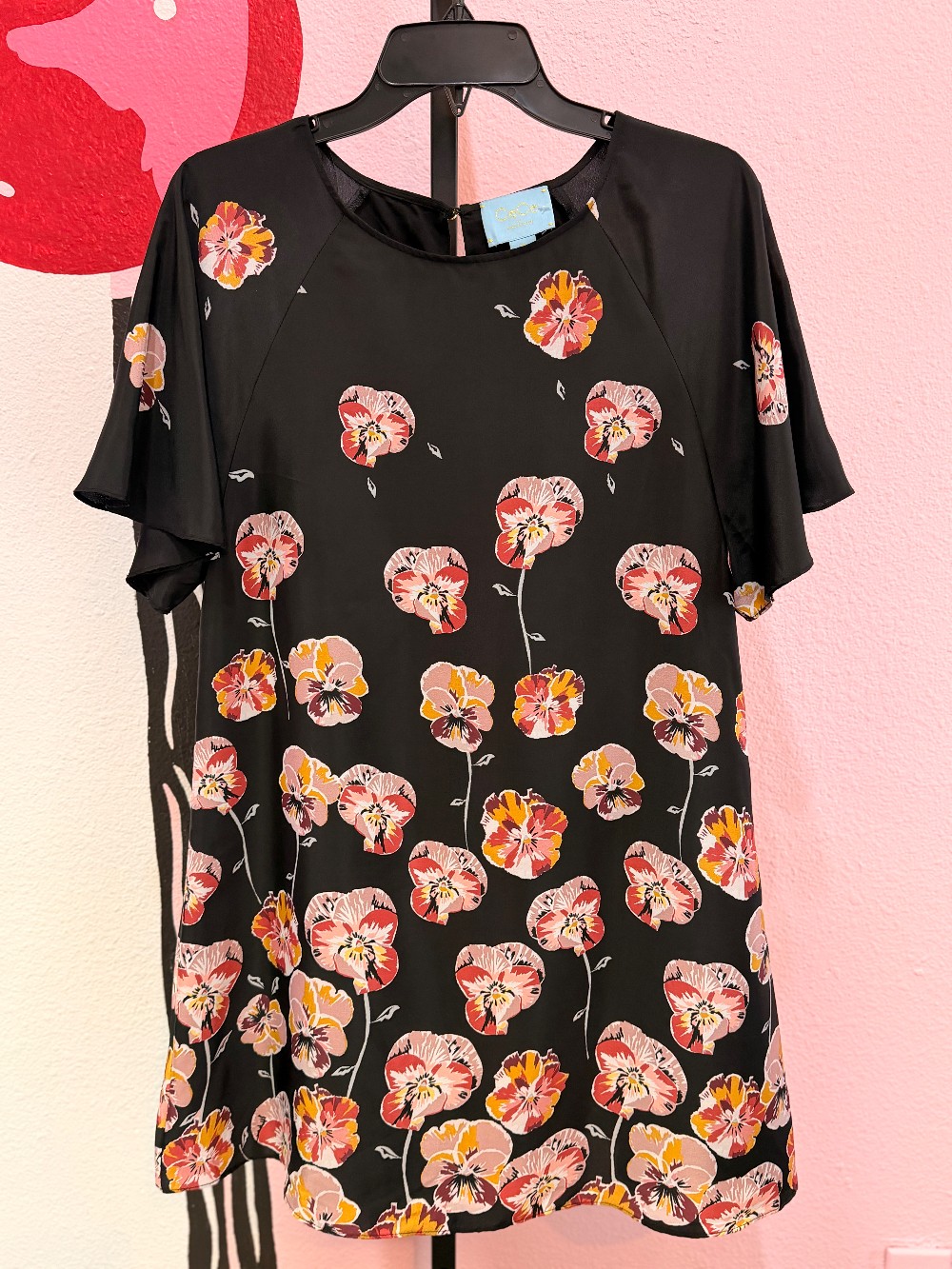 Cece Pansy Print Flutter Sleeve Dress