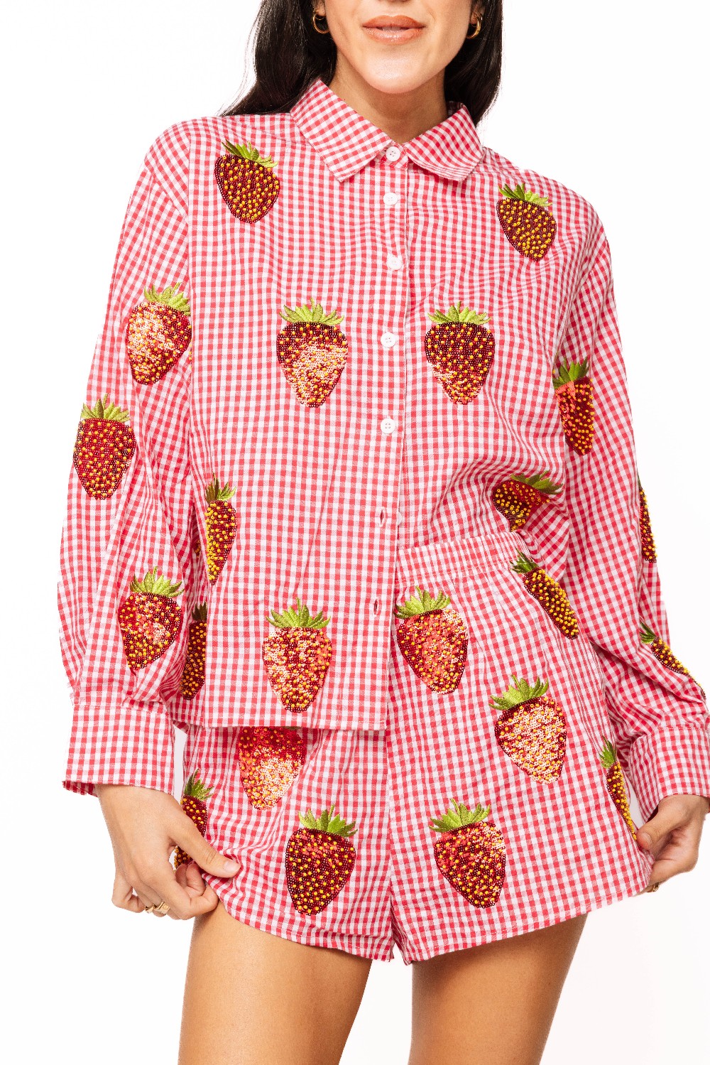 Queen of Sparkles - Red & White Gingham Beaded Strawberry Button Top