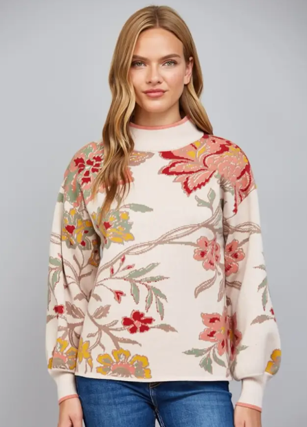 Fate - Floral Jacquard Knit Mock Neck Sweater - Beige
