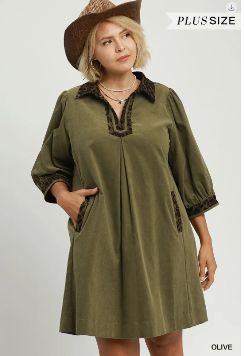 Umgee - Olive 3/4 Sleeve Dress (Plus)