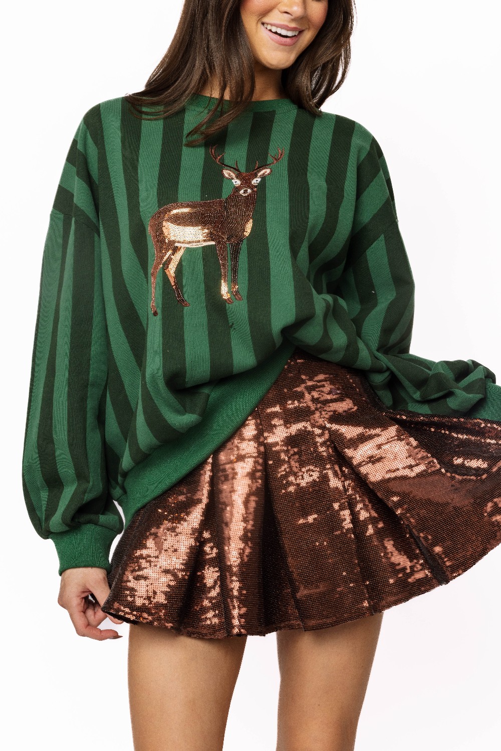 Queen of Sparkles - Green Striped Deer Sweatshirt
