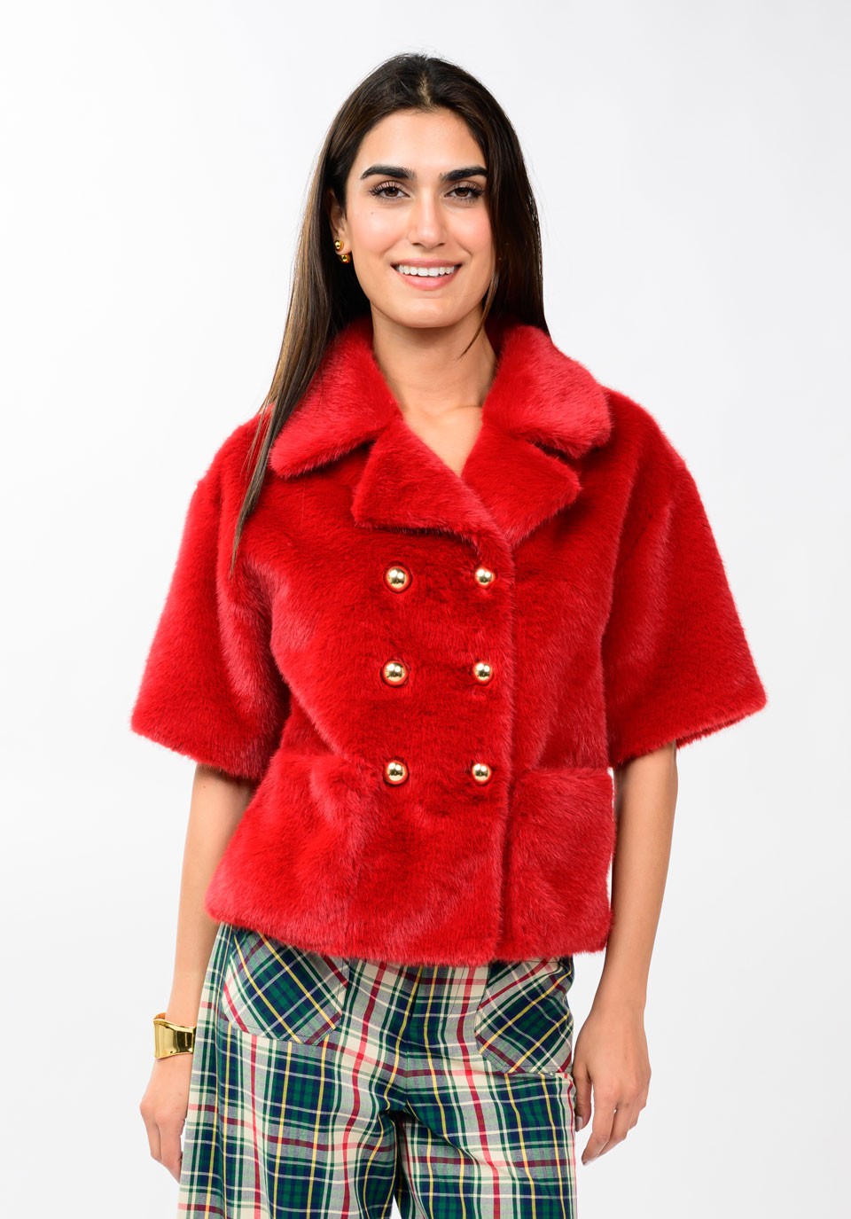 Ivy Jane - Double Breasted Faux Fur Jacket - Red