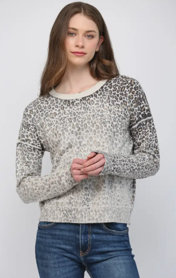 Fate - Printed Crew Neckline Sweater - Cream/Black Animal