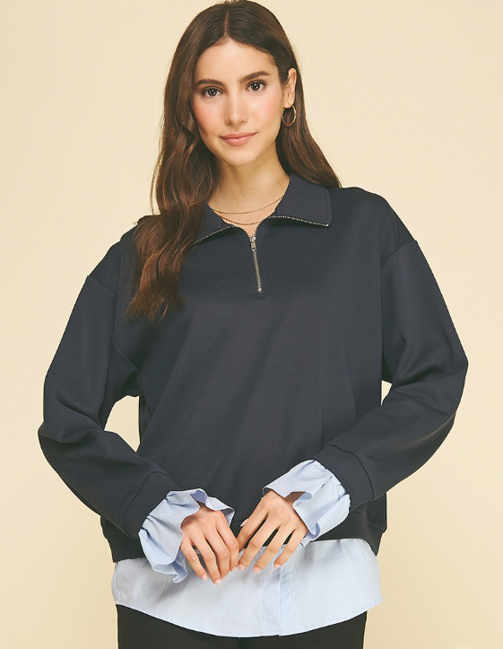 Pinch - Layered Poplin Quarter Zip Sweatshirt - Ink