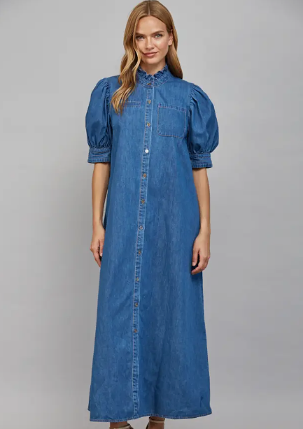 Fate - Ruffled High Neckline Button Front Denim Midi Dress