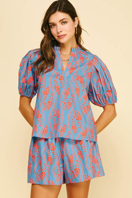 Pinch - Botanical Print Blouse Top - Dusty Blue