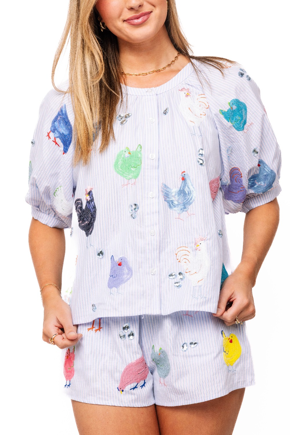 Queen of Sparkles - Blue Stripe Chicken Top