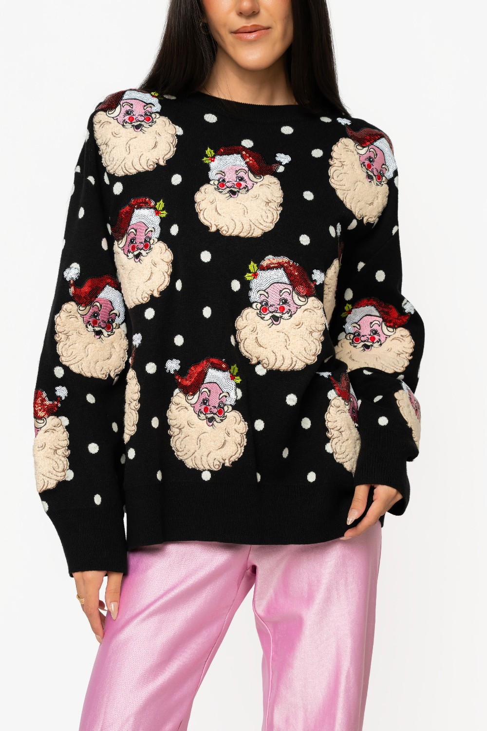 Queen of Sparkles - Black and White Polka Dot Scattered Santa Sweater
