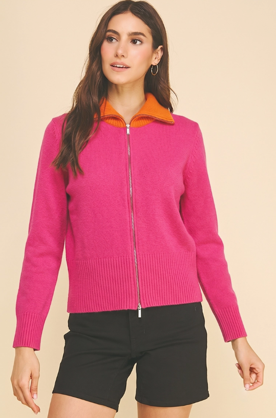Pinch - Color Block Collar Full Zip Knit Cardigan - Pink/Orange