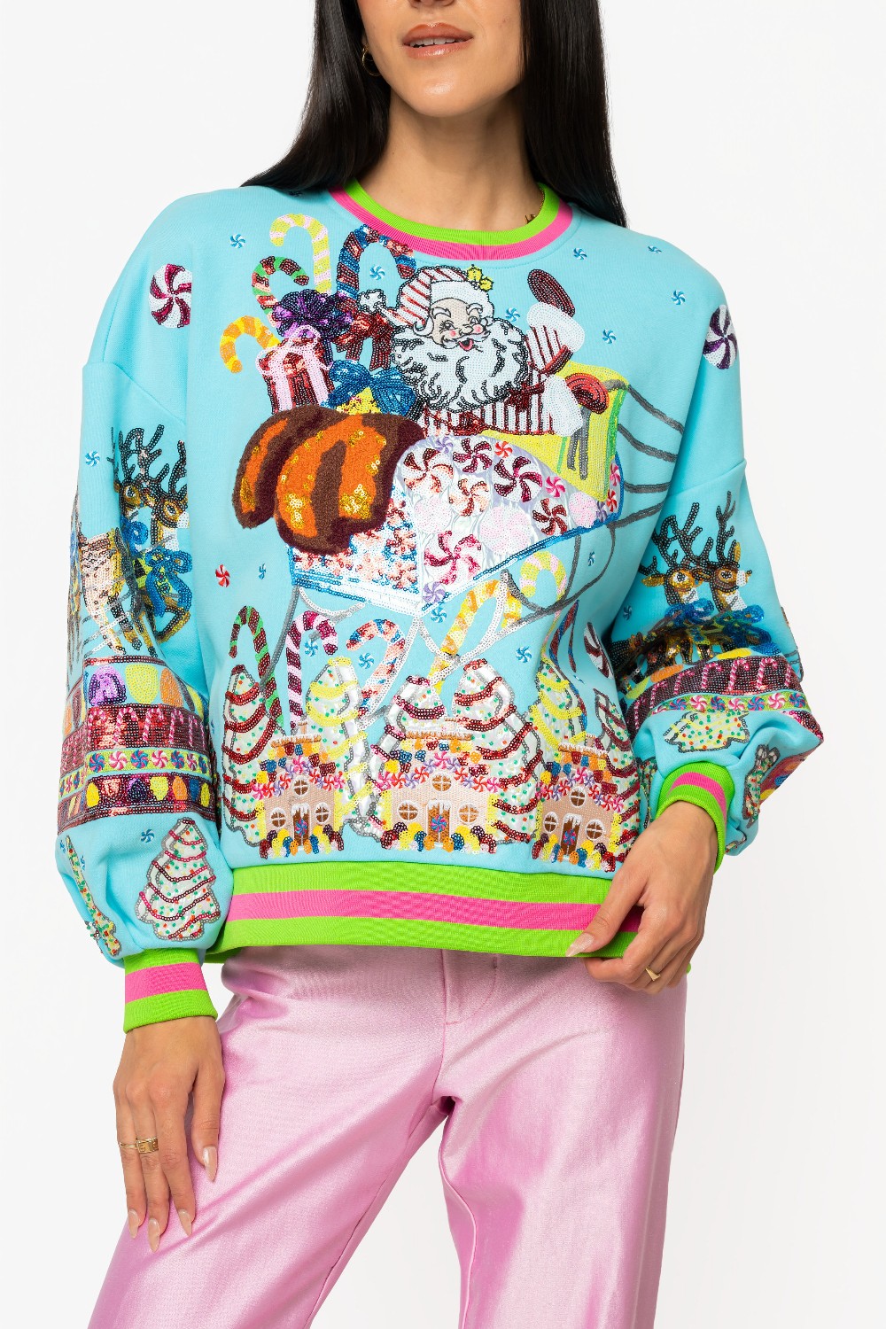Queen of Sparkles - Aqua Vintage Santa Gingerbread House Sweatshirt