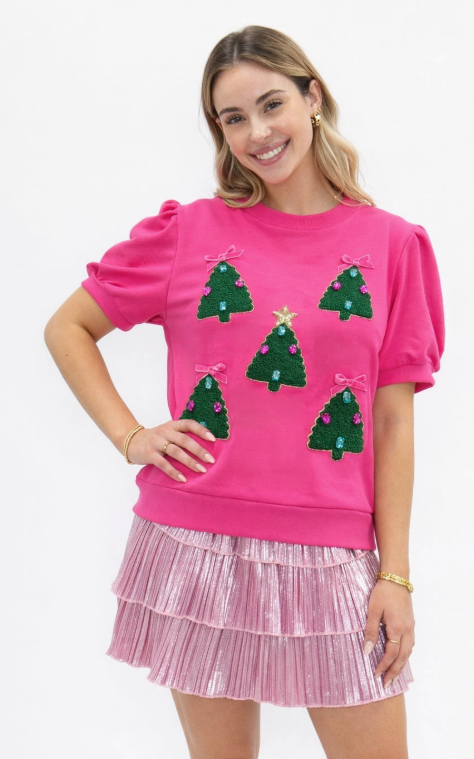 Grace & Emma - Christmas Tree Patches on Hot Pink Top