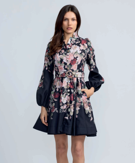 Oo La La - Floral Rose Belted Short Dress - Black