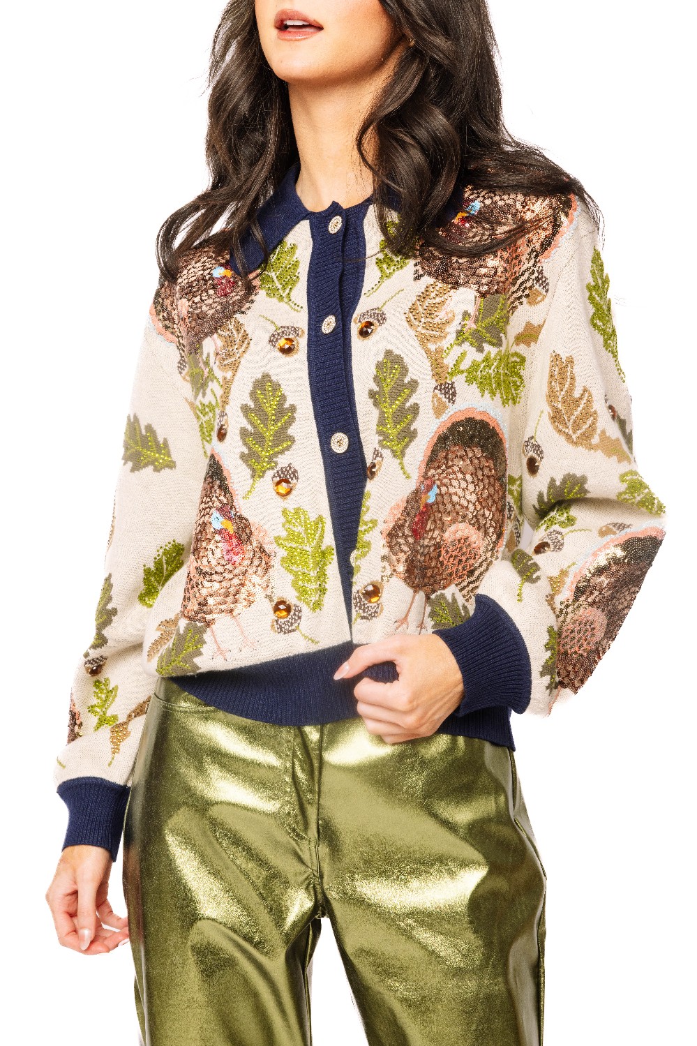 Queen of Sparkles - Navy Trim Turkey Cardigan