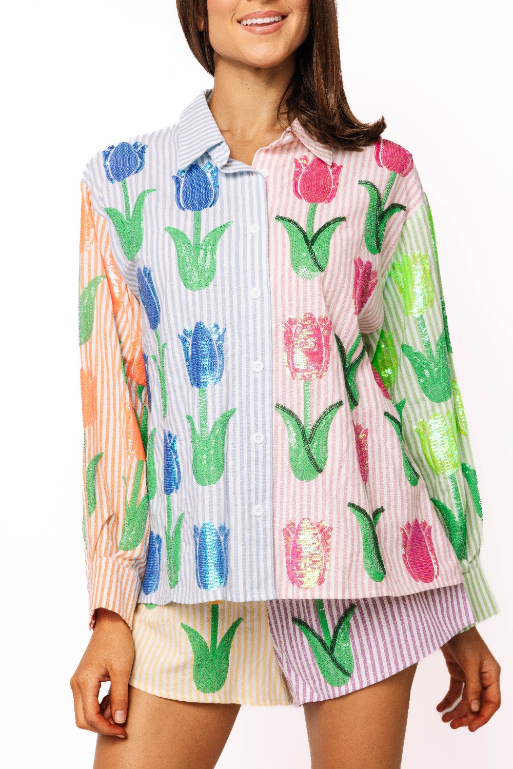 Queen of Sparkles - Striped Sequin Tulip Button Top