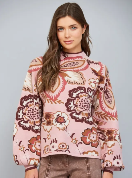 Fate - Floral/Paisley Funnel Neckline Sweater - Mauve Multi