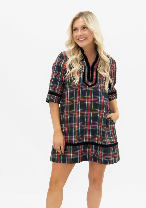 Grace & Emma - Navy Plaid Tunic Dress with Velvet Trim