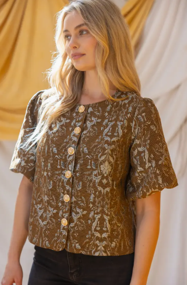 Voy - Gold Button Down Floral Jacquard Top - Brown