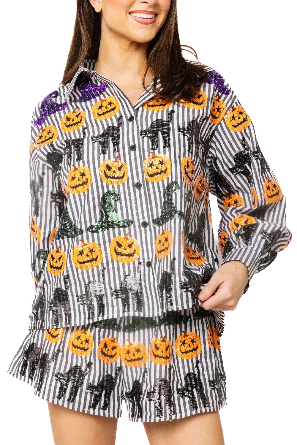 Queen of Sparkles - Black & White Striped Icon Button Up