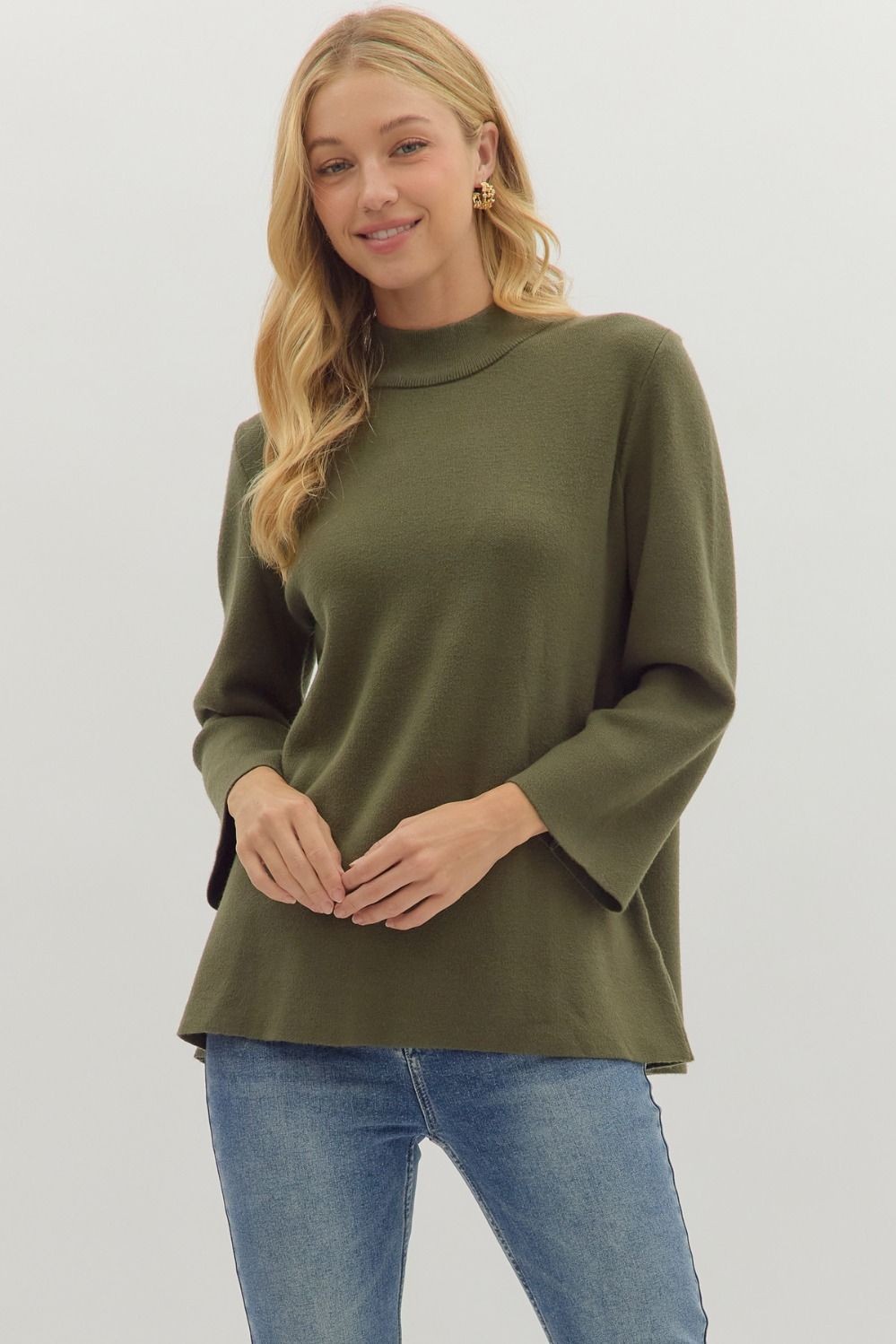 Entro - Olive Mock Neck 3/4 Sleeve Top