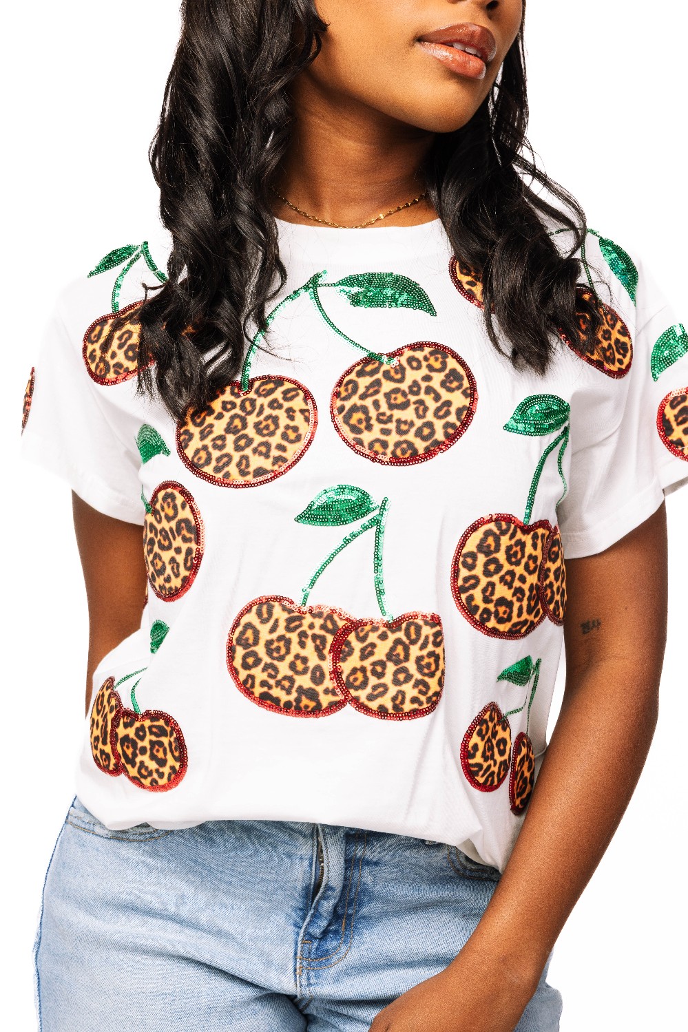 Queen Of Sparkles - White Leopard Print Cherry Tee