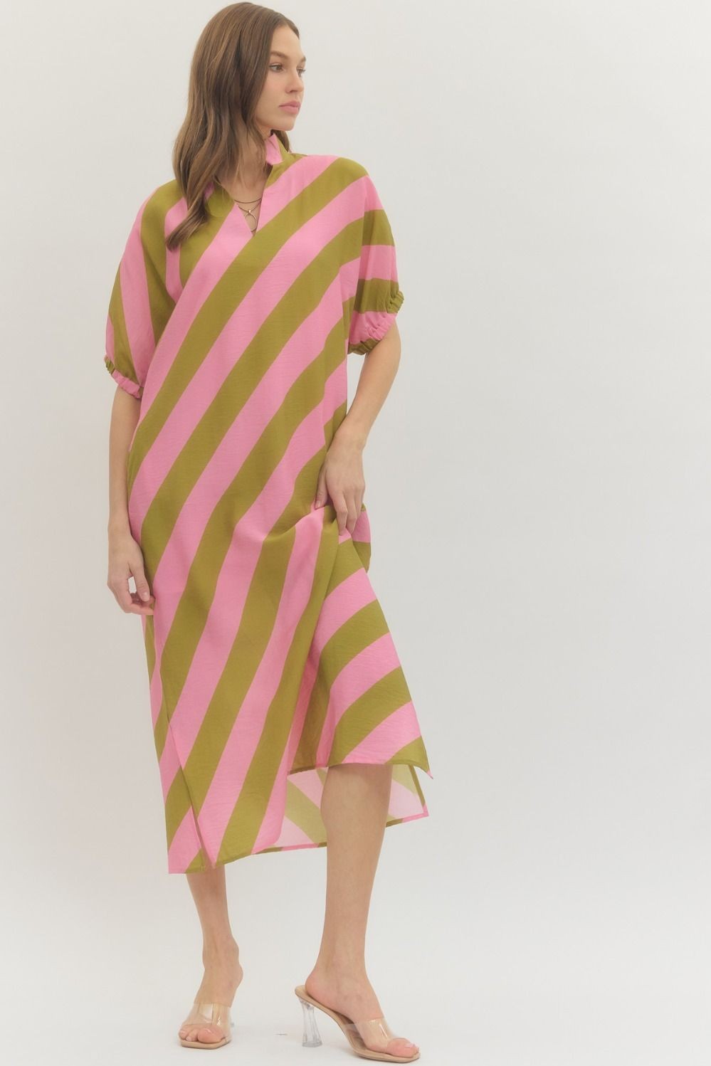 Entro - Striped Dolman Sleeve Midi Dress - Pink