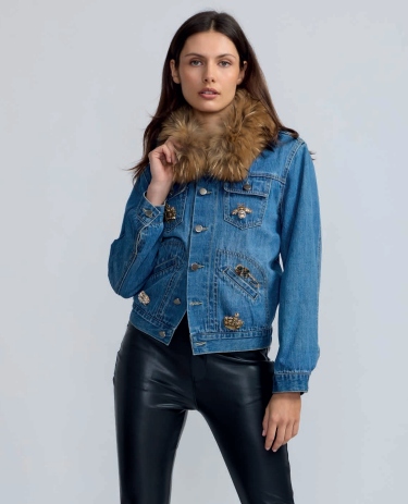Oo La La - Fur Trim Denim Jacket w/ Detailed Brooches - Blue