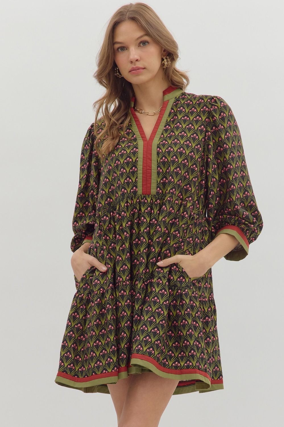 Entro - Black Floral Print 3/4 Sleeve Tiered Mini Dress