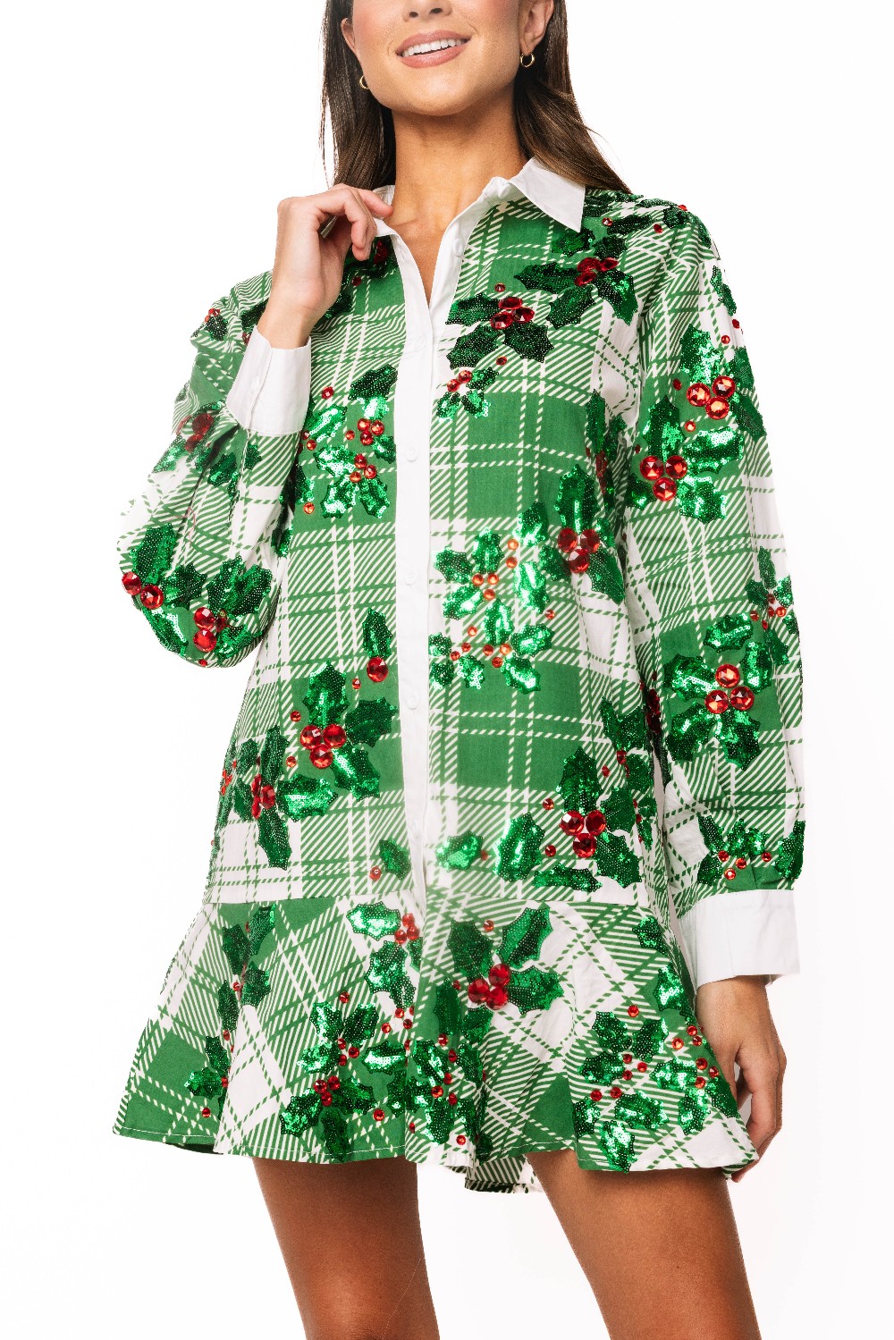 Queen of Sparkles - White& Green Plaid Holly Button-up  Dress