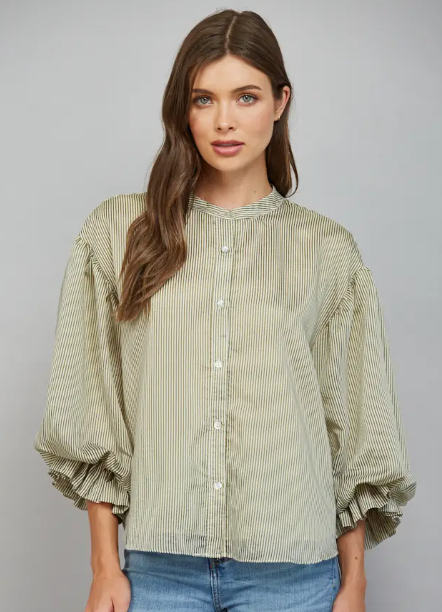 Fate - Pinstripe Bubble Sleeve Blouse - Olive Green
