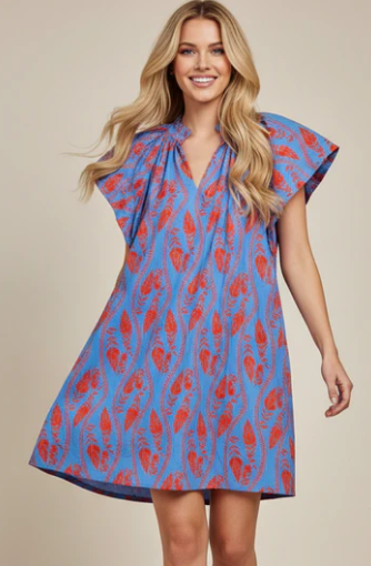 Pinch - Leaf Print Tunic Mini Dress - Dusty Blue