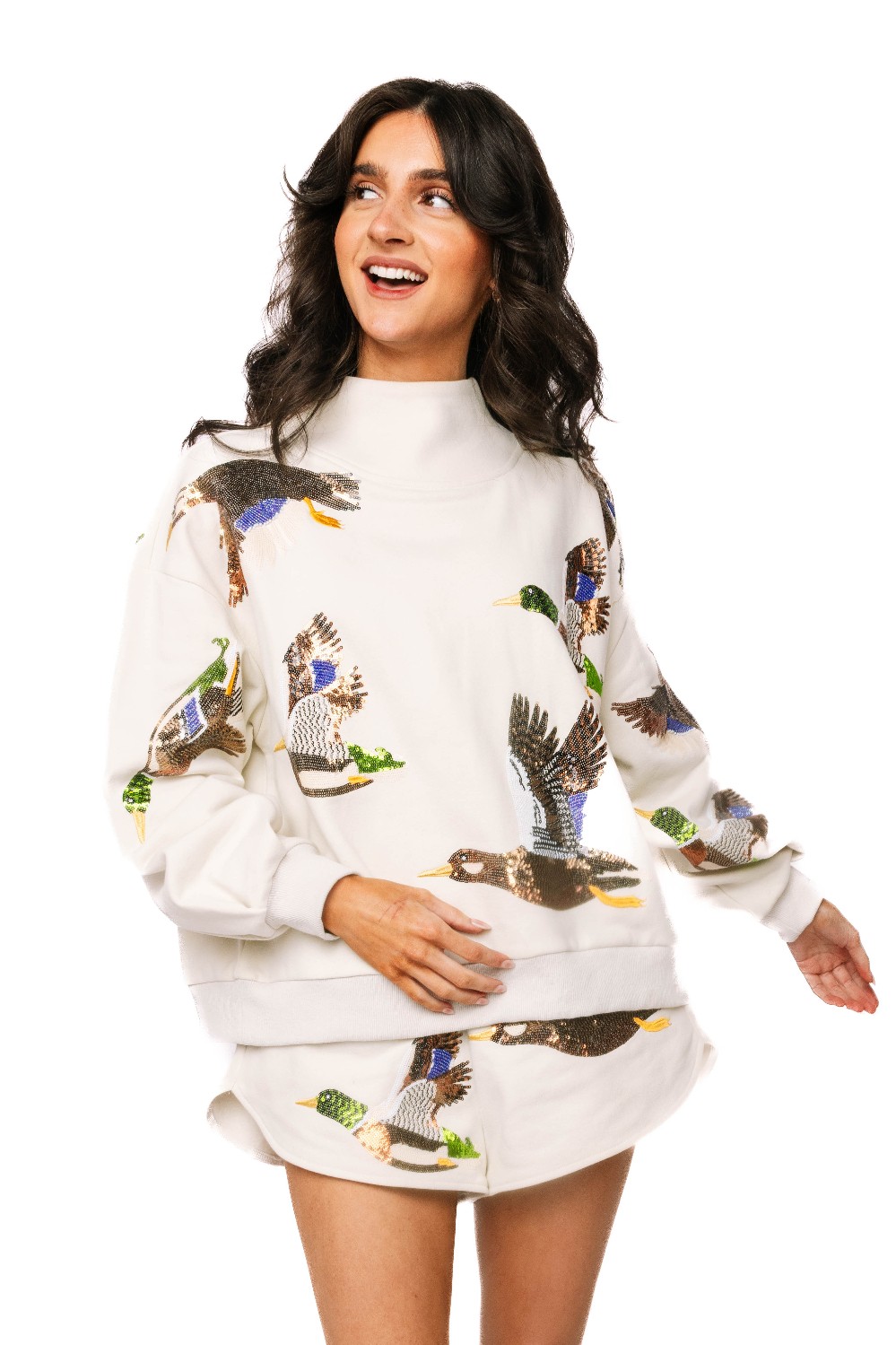 Queen of Sparkles - Ivory Flying Ducks Mock Neck Sweatshirt