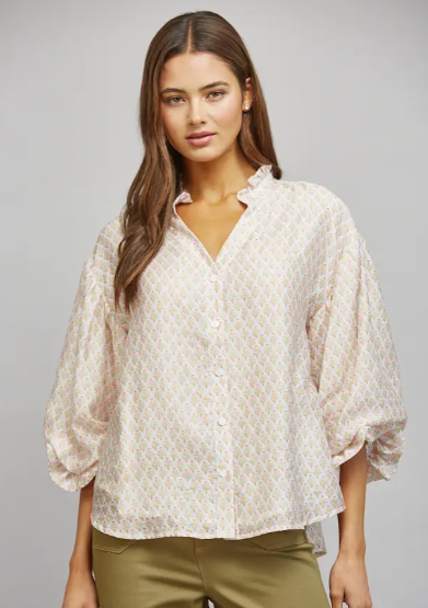 Fate - Floral Block Print Ruffle Blouse - Cream Multi