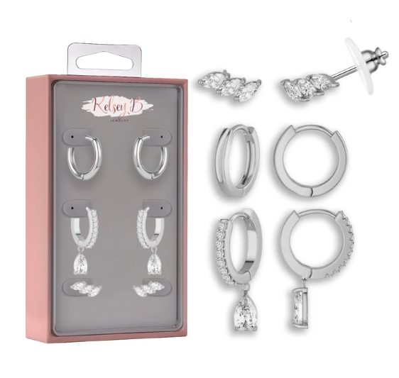 Little Luxe Earring Box Set - Silver-CZ Climbing Hoop & Stud Trio