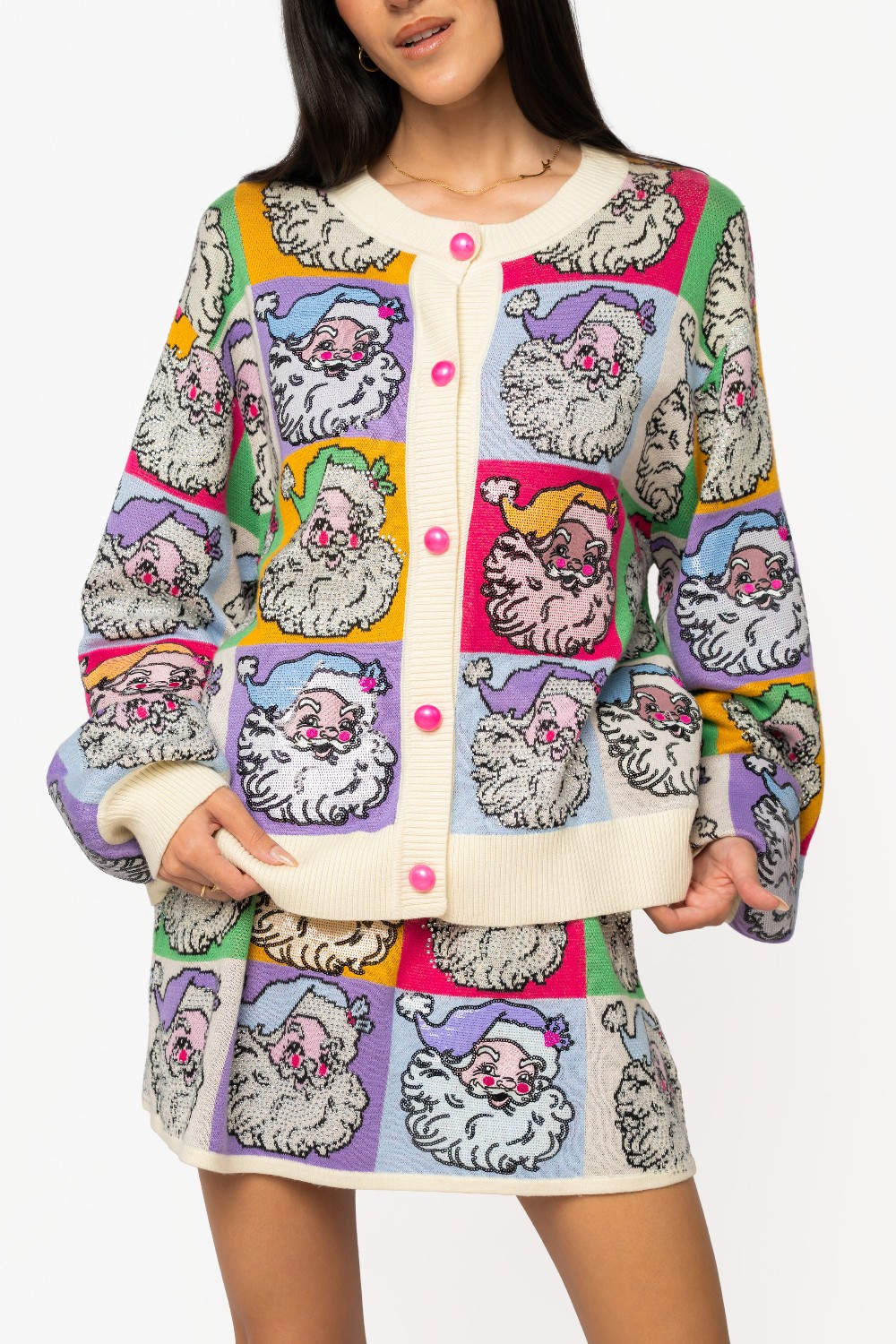 Queen of Sparkles - Pastel Colorblock Santa Button Up Cardigan