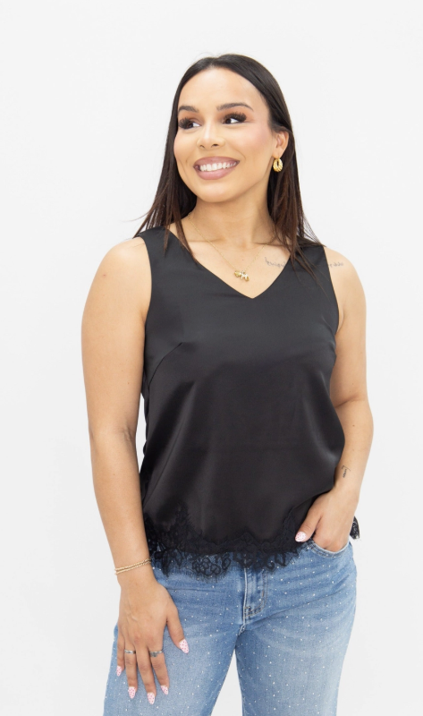 Grace & Emma - Satin V-Neck Tank with Lace - Black